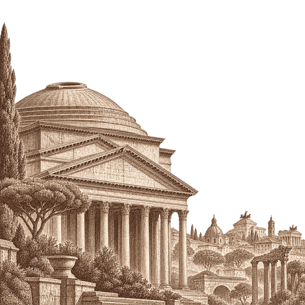 An engraved detail of the Pantheon's dome and portico