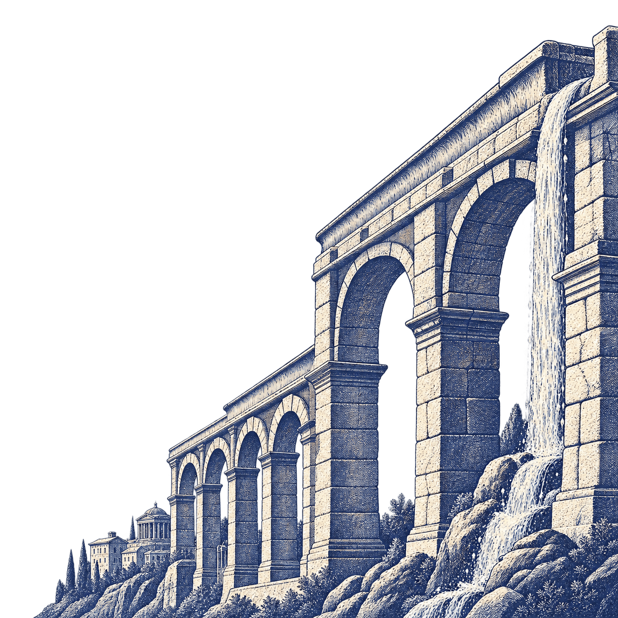 An engraved detail of a Roman aqueduct arcade